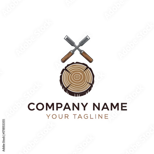 Woodworking Logo Design Template with Crossed Chisels, Tree Log Cross Section, and Company Branding Placeholder Text on Isolated White Background, Flat Vector Elements, Vector Illustration, Simple