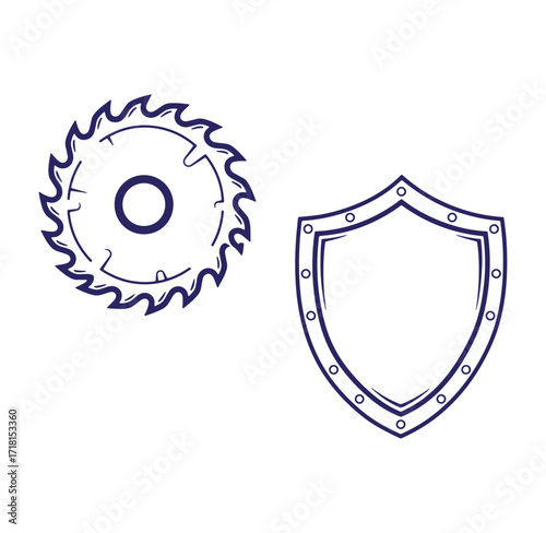 Hand drawn illustration of a circular saw blade and shield icon design elements