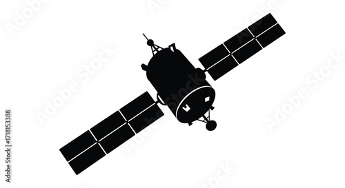 A silhouette of a satellite with large solar panels extended in space