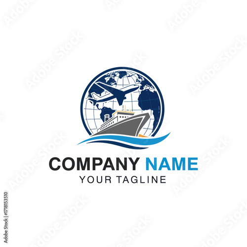 Global Logistics and Travel Company Logo featuring a Globe, Airplane, and Ship on a Clean White Background, Flat Vector Elements, Vector Illustration, Simple Vector, Stylized Vector Drawing, Vector
