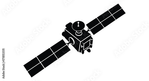 A simple black and white illustration of a satellite in space