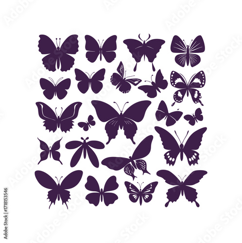 Butterfly silhouette vector set in purple, creative insect icon collection, nature wildlife design, decorative abstract wings, environment biology template artwork illustration