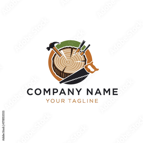 Woodworking Company Logo with Tree Log, Hammer, Chisels, and Saw - Professional Carpentry and Timber Industry Vector Illustration on White Background, Flat Vector Elements, Vector Illustration,