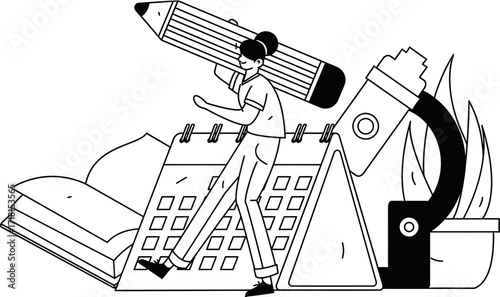 Dynamic student with giant pencil and calendar signifies planning, education, and creative project management for modern learners and ambitious professionals seeking organized success.