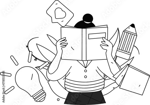 Curious mind absorbing knowledge from books surrounded by symbols of ideas, creativity, and learning, perfect for educational and intellectual content.
