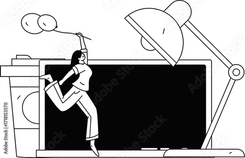 Dynamic businesswoman joyfully leaps with balloons near laptop and desk lamp, embracing creativity and productivity in a modern workspace setting