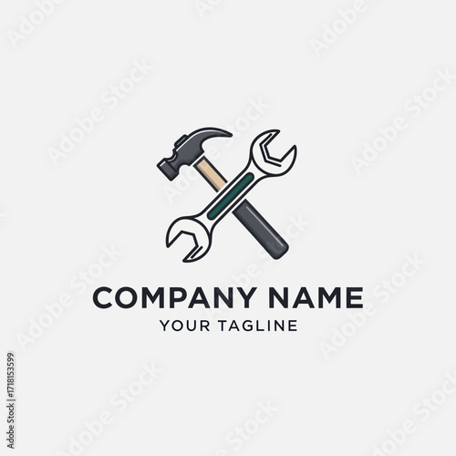 Stylized Hammer and Wrench Crossed Logo Design for Repair, Construction, or Handyman Services with Company Name and Tagline Placeholder on Light Background, Flat Vector Elements, Vector Illustration,