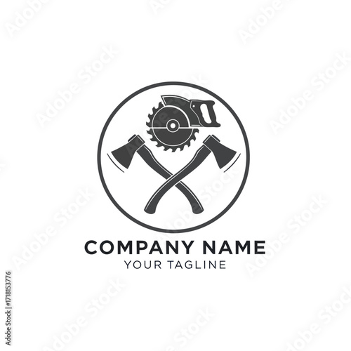 Monochrome Woodworking and Logging Tools Logo with Circular Saw, Hand Saw, and Crossed Axes on White Background, Flat Vector Elements, Vector Illustration, Simple Vector, Stylized Vector Drawing,