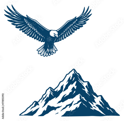 Majestic eagle soaring above mountain peaks in vintage hand drawn illustration