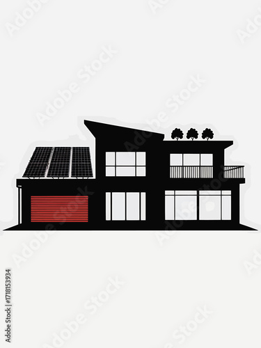 Modern silhouette of a house with solar panels and garage