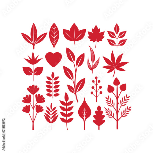 Red leaves vector design set with creative botanical patterns, abstract foliage collection, decorative plant symbols, seasonal autumn design, nature artwork template illustration