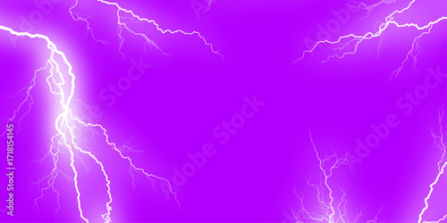 Lightnings in the clouds. Strong storm background photo. Weather banner background. Clashing pink and white neon lightning bolts, smoky black background,