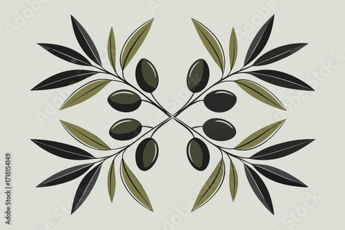 Vector art of symmetrical olive branch design with black and green leaves on light background