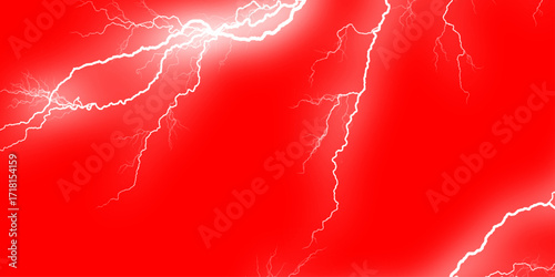 Lightnings in the clouds. Strong storm background photo. Weather banner background. Clashing red and white neon lightning bolts, smoky black background,