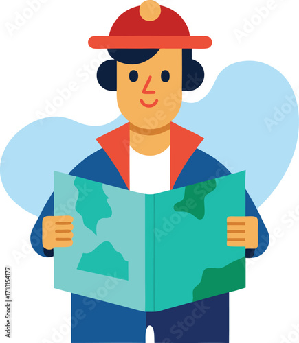 Cartoon traveler with a map planning a trip adventure exploration