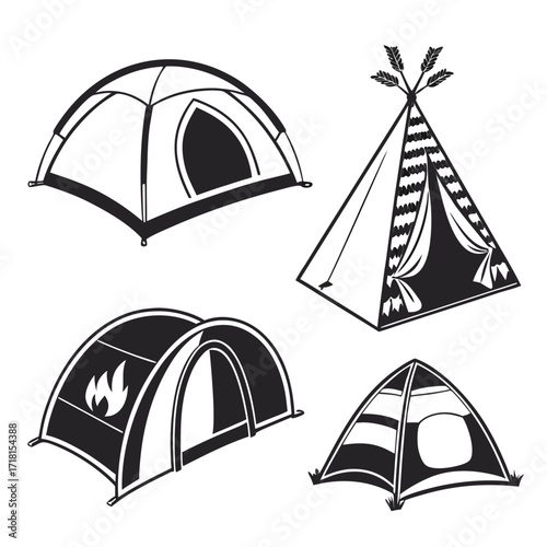 Four Camping Tents Including Teepee and Fire Symbol