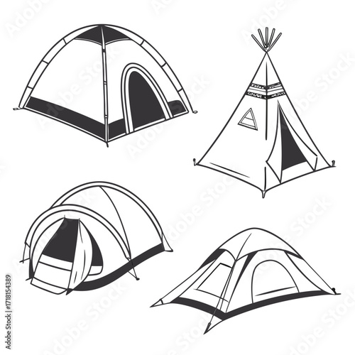 Four Different Camping Tents Illustrated on White Background