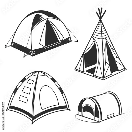 Four Different Styles of Camping Tents on White Background