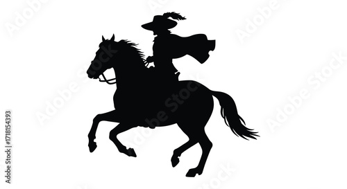 Silhouette of a lone rider on horseback against a white background