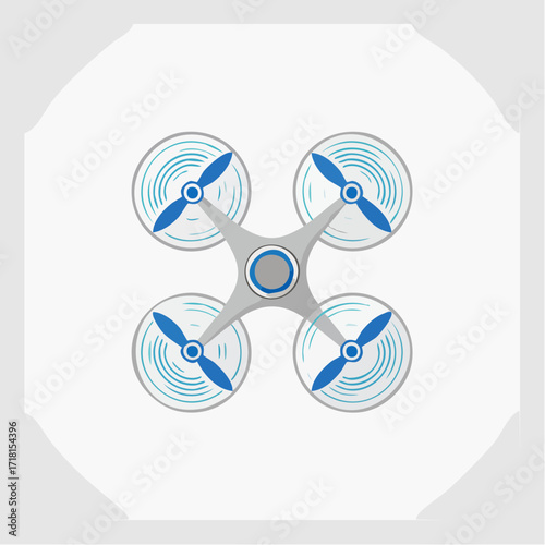 Top-down view of a grey and blue quadcopter drone icon on a light background.