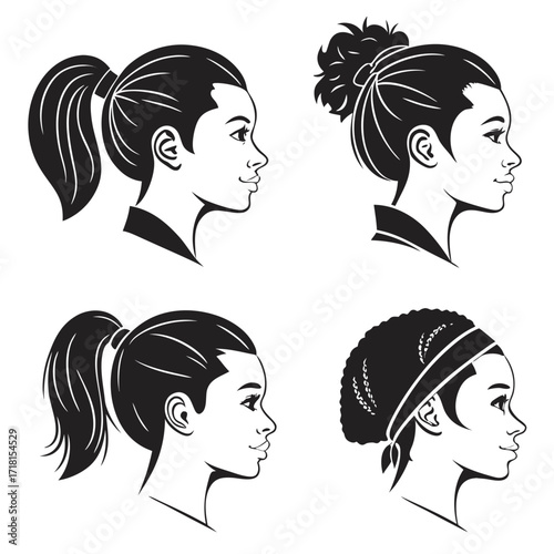 Four Female Profile Silhouettes with Diverse Hairstyles