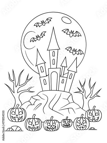 Halloween castle with pumpkins and bats under a full moon