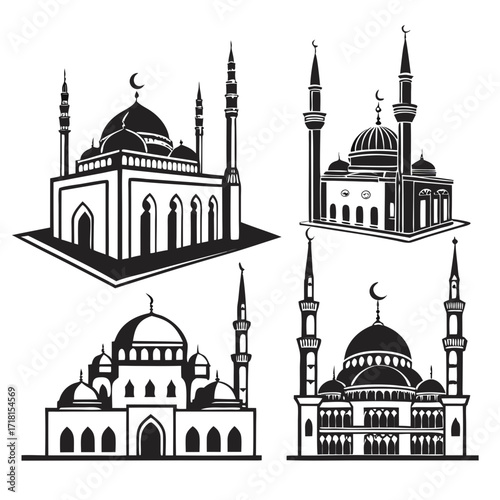 Four Islamic Mosques Silhouettes on White Background
