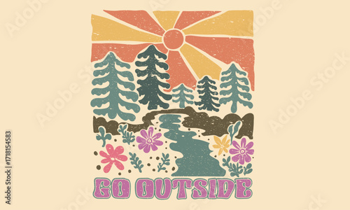 Mountain with flower graphic artwork for sticker, poster, background. Adventure vintage print design for t shirt and others.