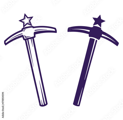 Two pickaxes with star embellishments depicted in a minimalist flat vector illustration