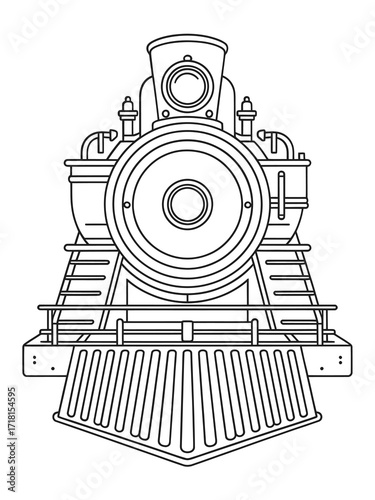 Vintage steam locomotive front view line art illustration
