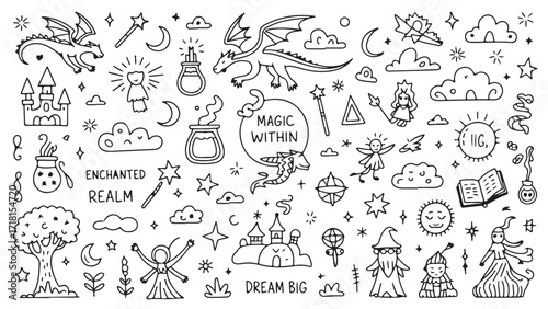 A whimsical collection of hand-drawn fairytale elements including dragons castles witches and magic wands perfect for childrens book illustrations creating enchanting digital art or designing whimsica