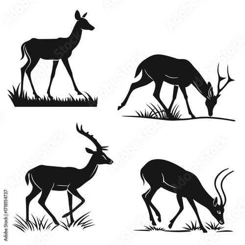 Four Silhouette Deer and Antelope Poses in Grass grazing