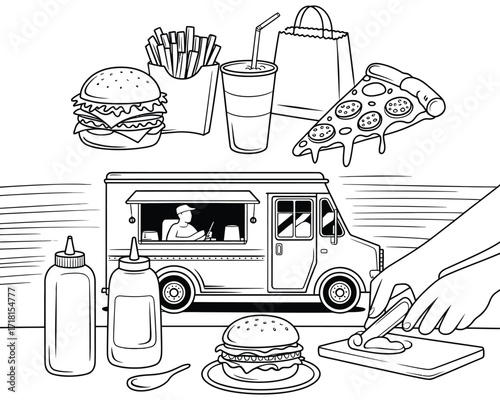 A Line Drawing Of A Food Truck With Various Fast Food Items And Condiments