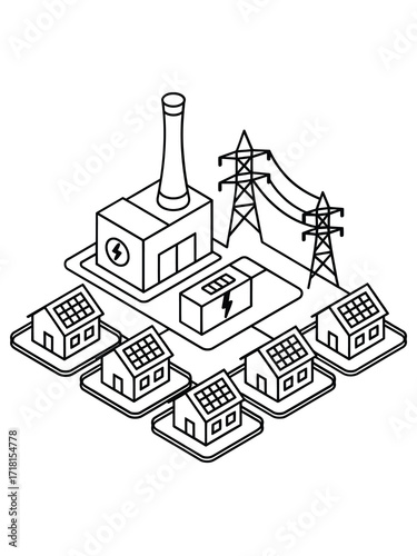Industrial power plant connected to houses with solar panels and electricity grid