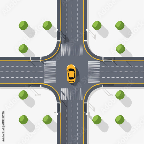 An overhead view of a yellow car at a four-way intersection with crosswalks and trees.