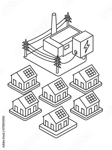 Illustration of a power plant connected to houses with solar panels