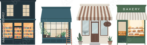 A minimalist vector illustration showcasing a row of charming storefronts, featuring a bakery and other small businesses, with an inviting ambiance