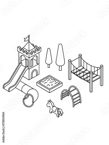 Children s playground equipment in a whimsical line drawing style