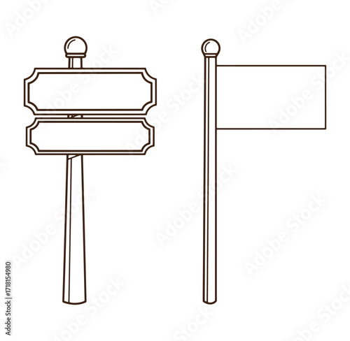 Vector illustration of a blank road sign and a flag signpost in outline style