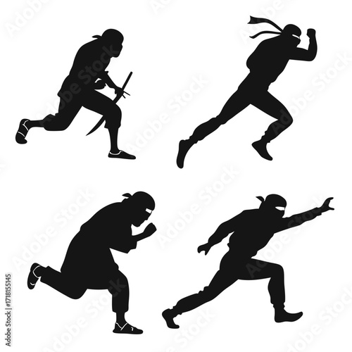 Four Silhouettes of Ninjas in Dynamic Running Poses