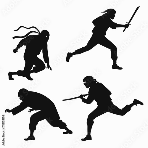 Four Silhouettes of Ninjas in Stealthy and Attacking Poses