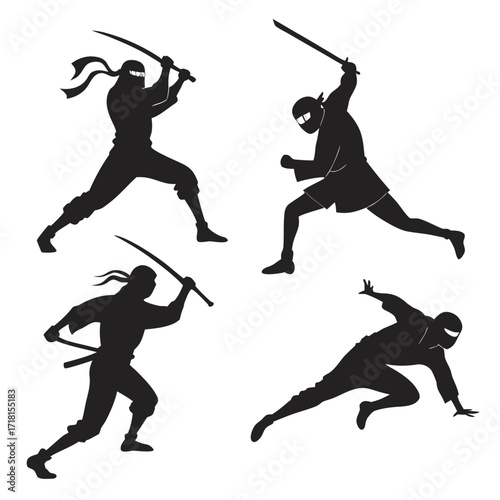 Four Silhouettes of Ninjas in Sword Fighting and Running Poses