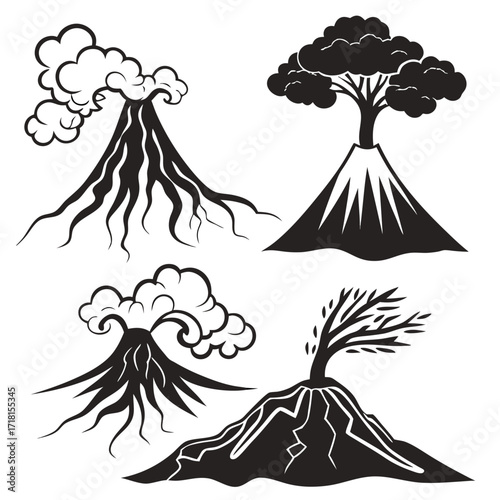 Four stylized black and white illustrations of volcanoes with unique features