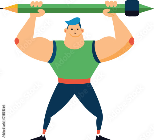 Strong Cartoon Man Lifting a Large Pencil Over His Head Illustration