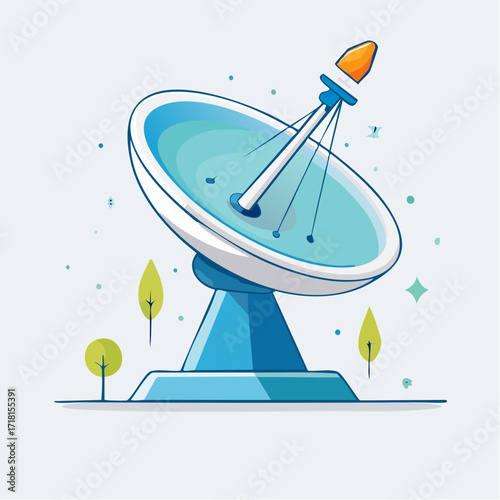 A modern, stylized vector illustration of a large satellite dish antenna used for telecommunication and broadcasting signals.