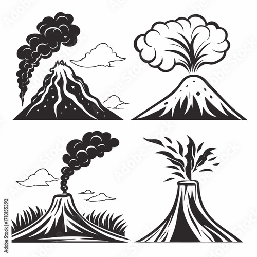 Four Stylized Volcano Illustrations with Smoke and Clouds