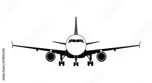 Front view of a passenger airplane simple black and white illustration