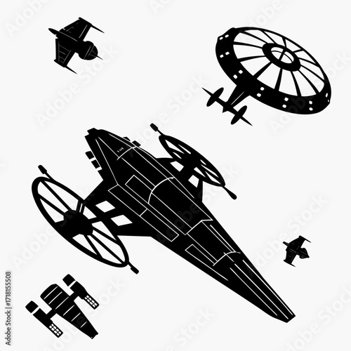 Futuristic Spaceships and Space Station Silhouettes