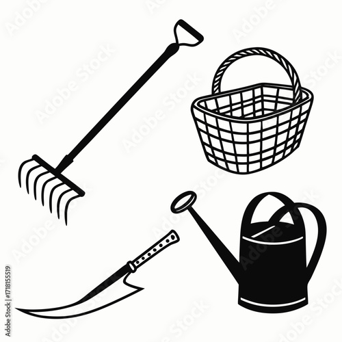 Garden Tools and Basket Silhouette Collection gardening