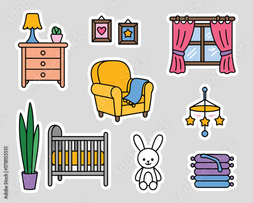 A charming collection of nursery items and furniture depicted in a whimsical, vintage-inspired illustration style, perfect for baby-related projects